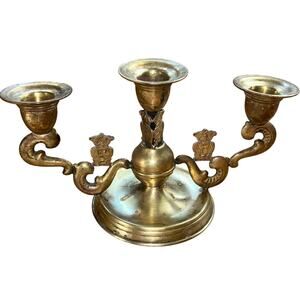 Vintage ornate Aztec brass three-arm candelabra boho Hollywood